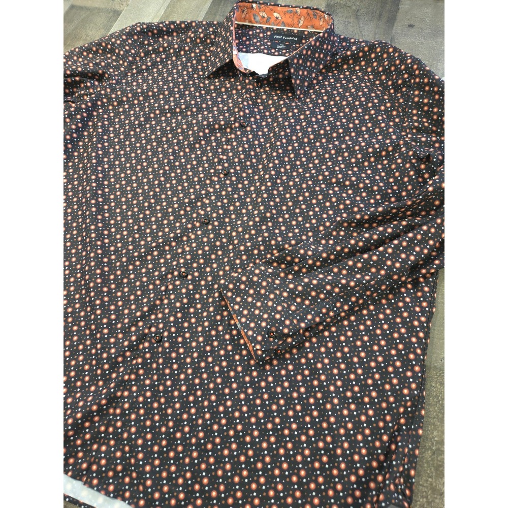 Paul Fredrick XXL Classic Fit Shirt Geometric Sunburst Cotton Modal Black Orange